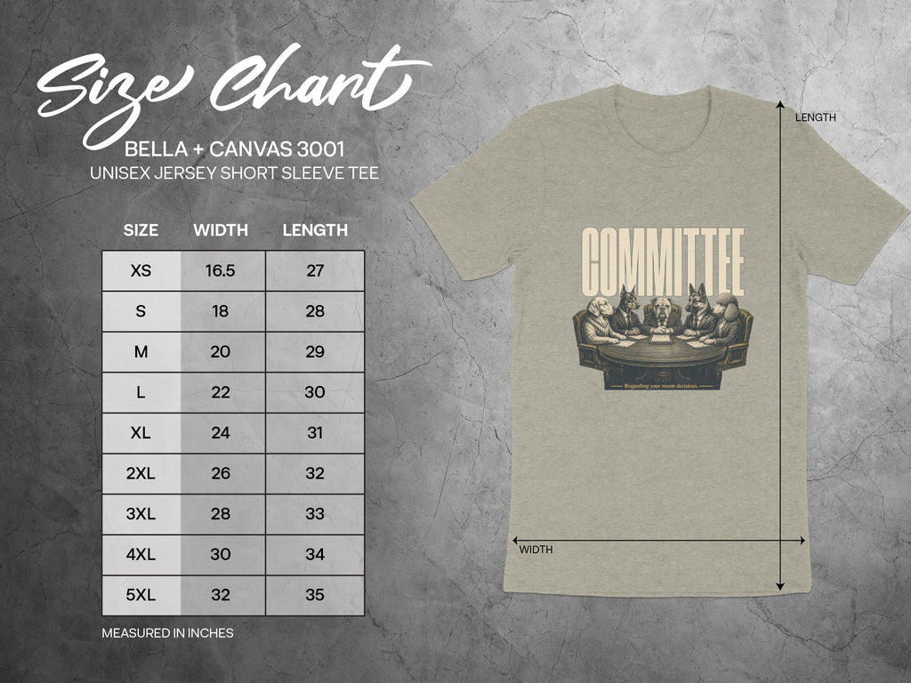 Bella + Canvas 3001 unisex tee size chart and graphic.