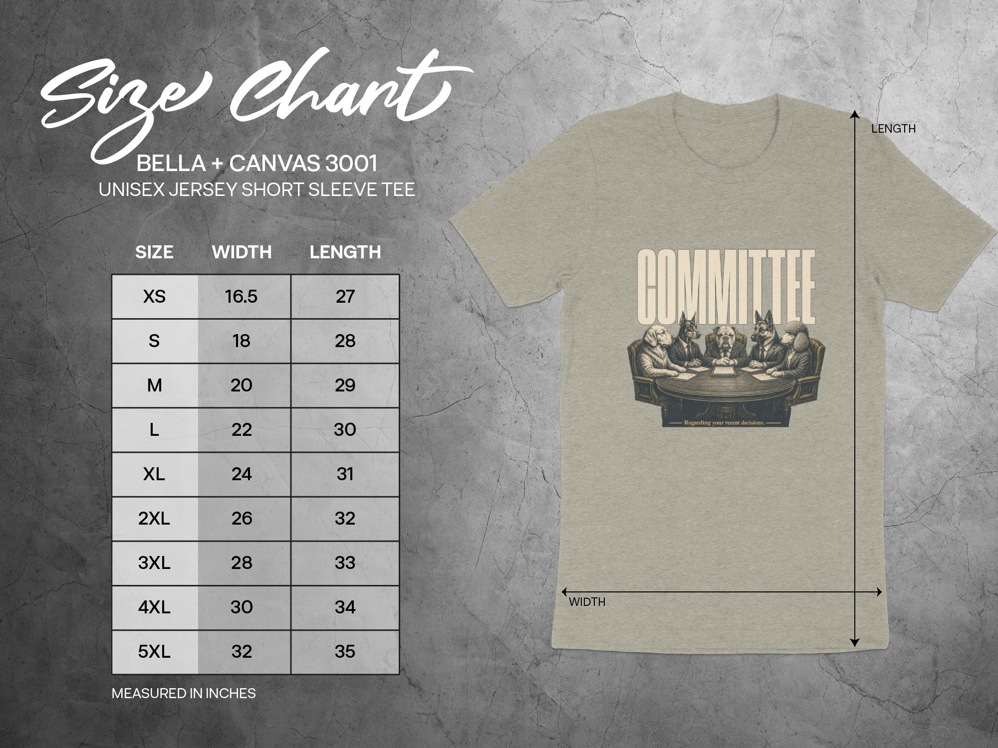 Bella + Canvas 3001 unisex tee size chart and graphic.