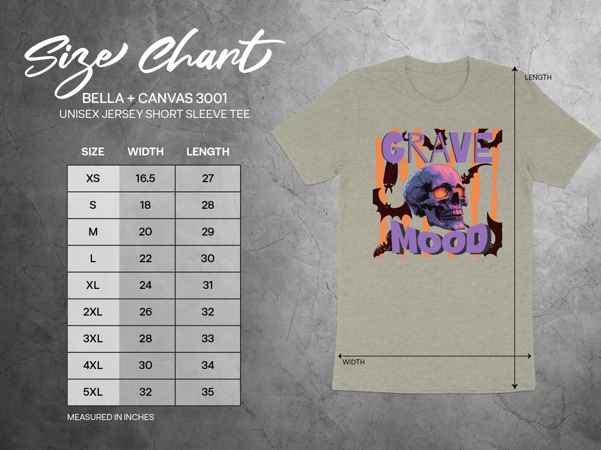 Size chart for Bella + Canvas 3001 unisex short sleeve tee with width and length measurements.