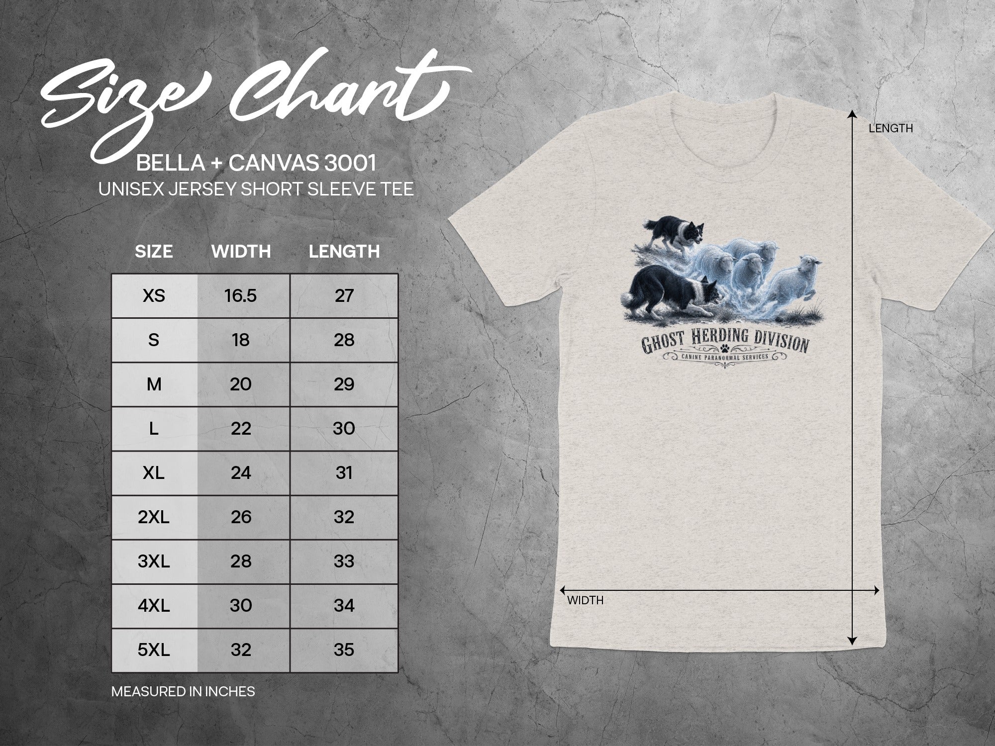Size chart for Bella + Canvas 3001 unisex short sleeve tee with ghost herding graphic.