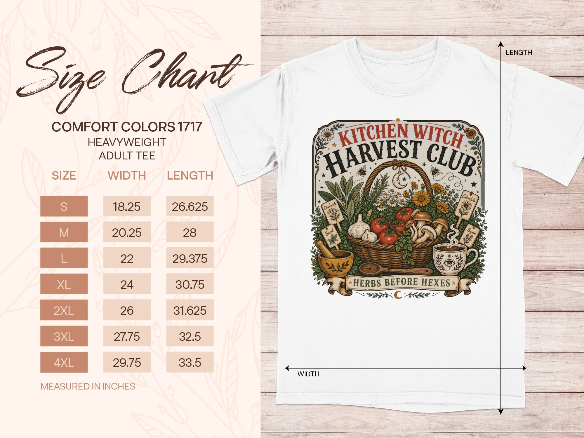 Comfort Colors 1717 heavyweight adult tee, "Kitchen Witch Harvest Club" graphic, size chart.