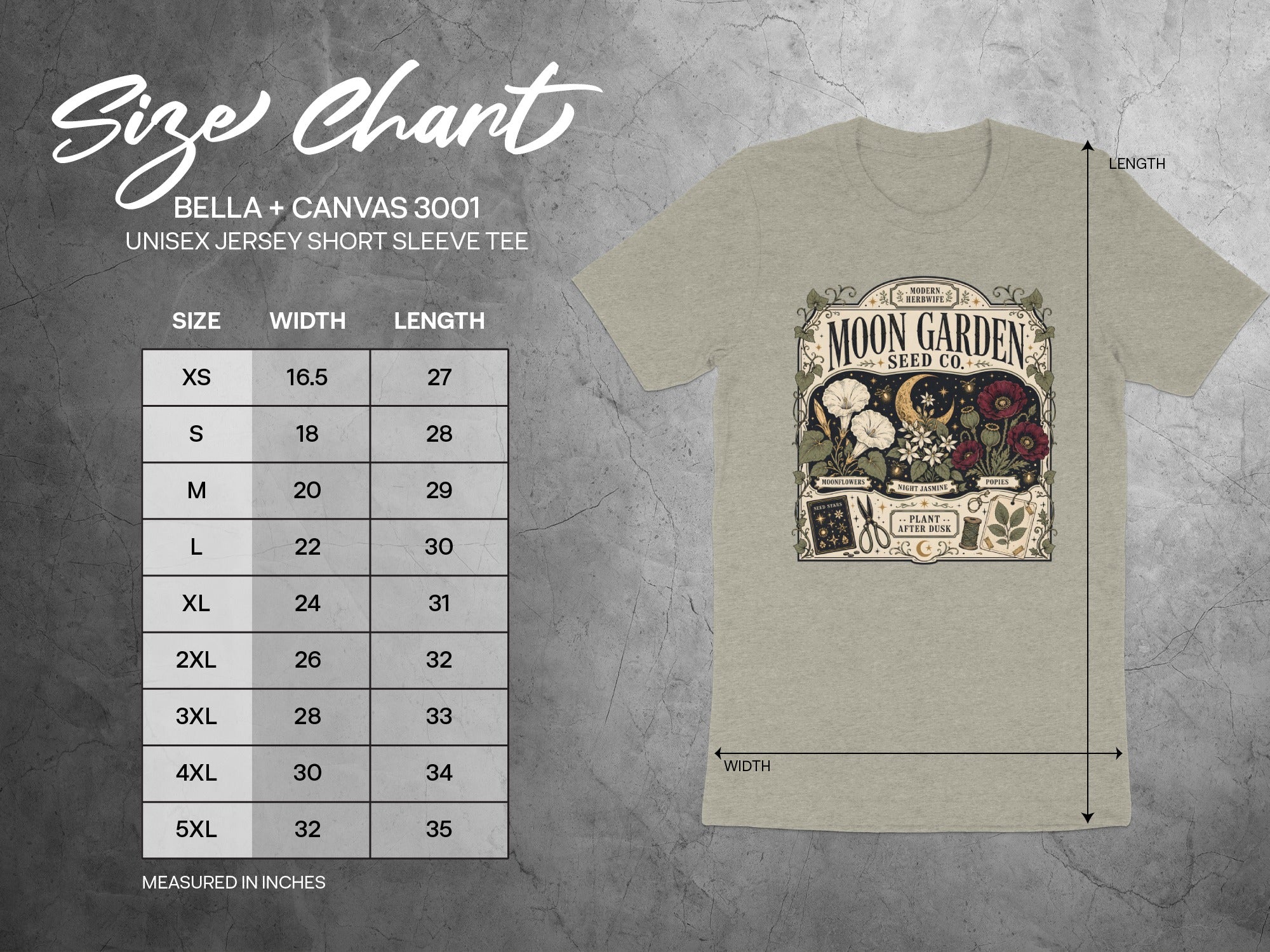 Bella + Canvas 3001 unisex tee size chart with width and length measurements.
