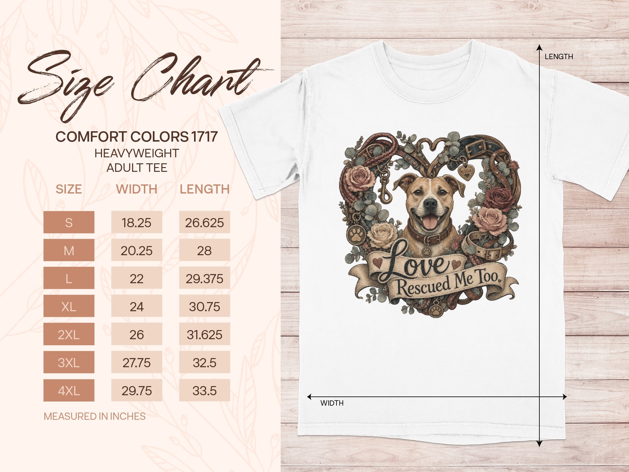 White Comfort Colors adult heavyweight tee with dog graphic and size chart.