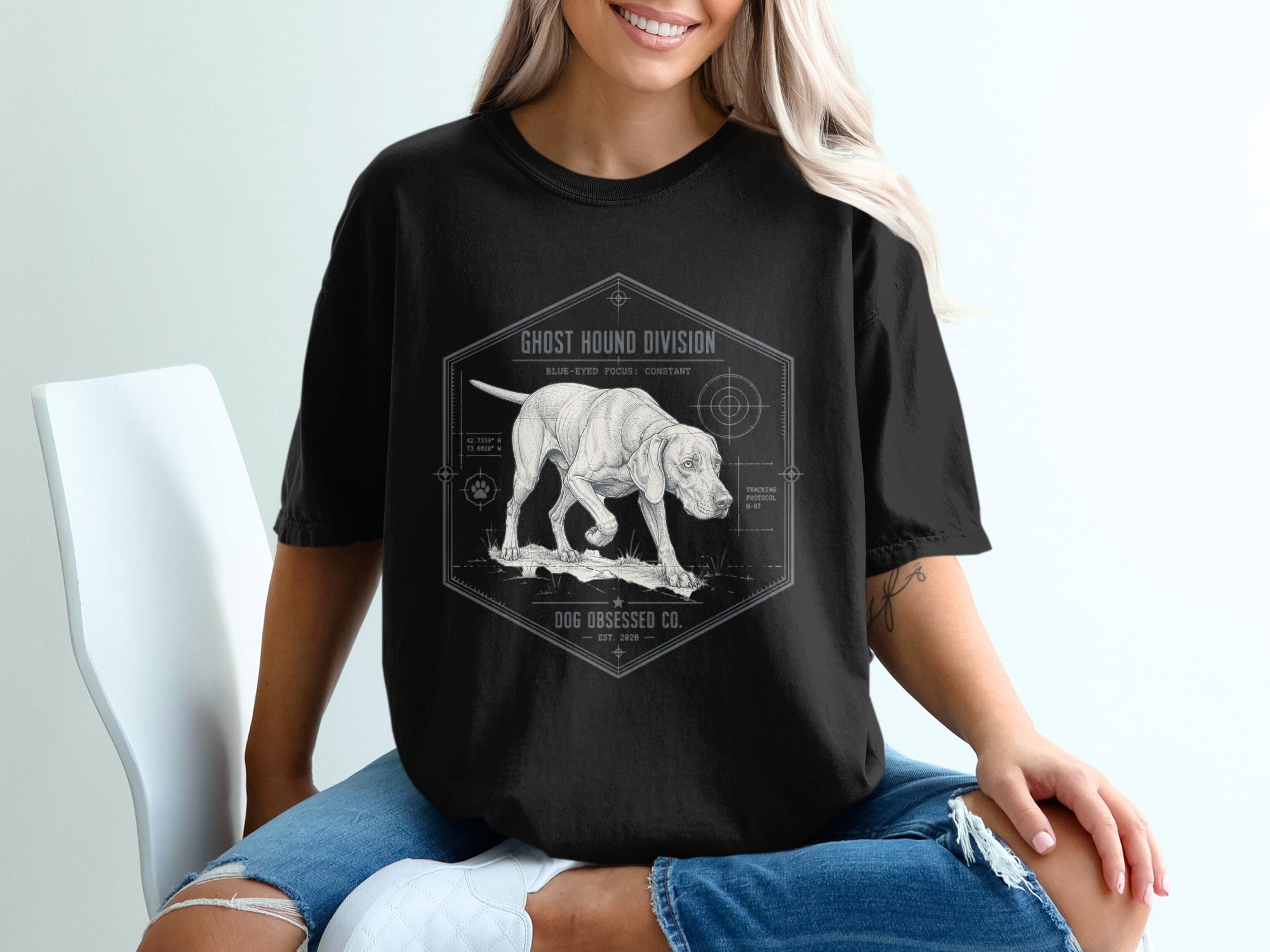Black t-shirt with ghost hound division graphic and coordinates.