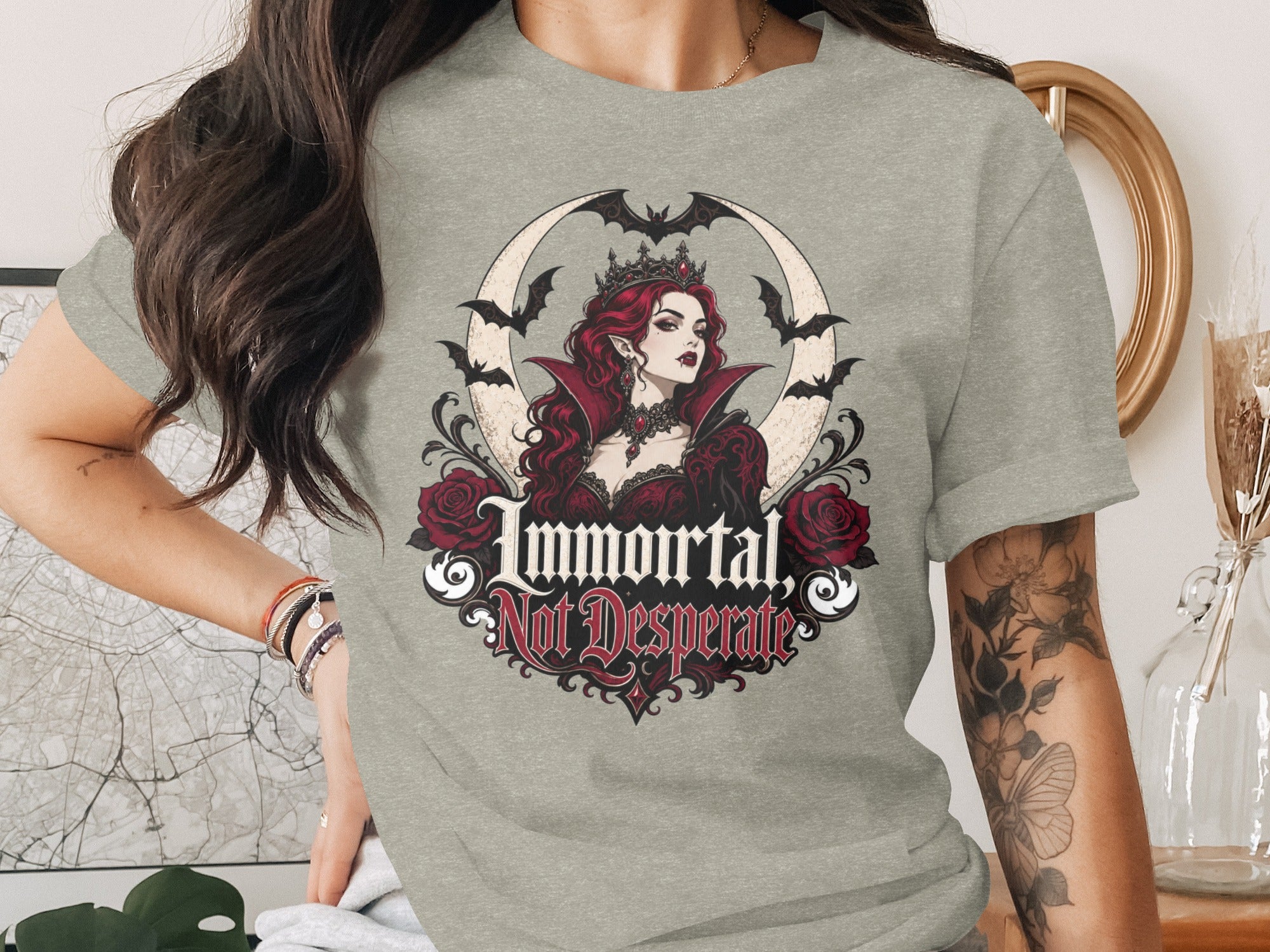 Gothic queen with bats and roses design, reads "Immortal, Not Desperate".