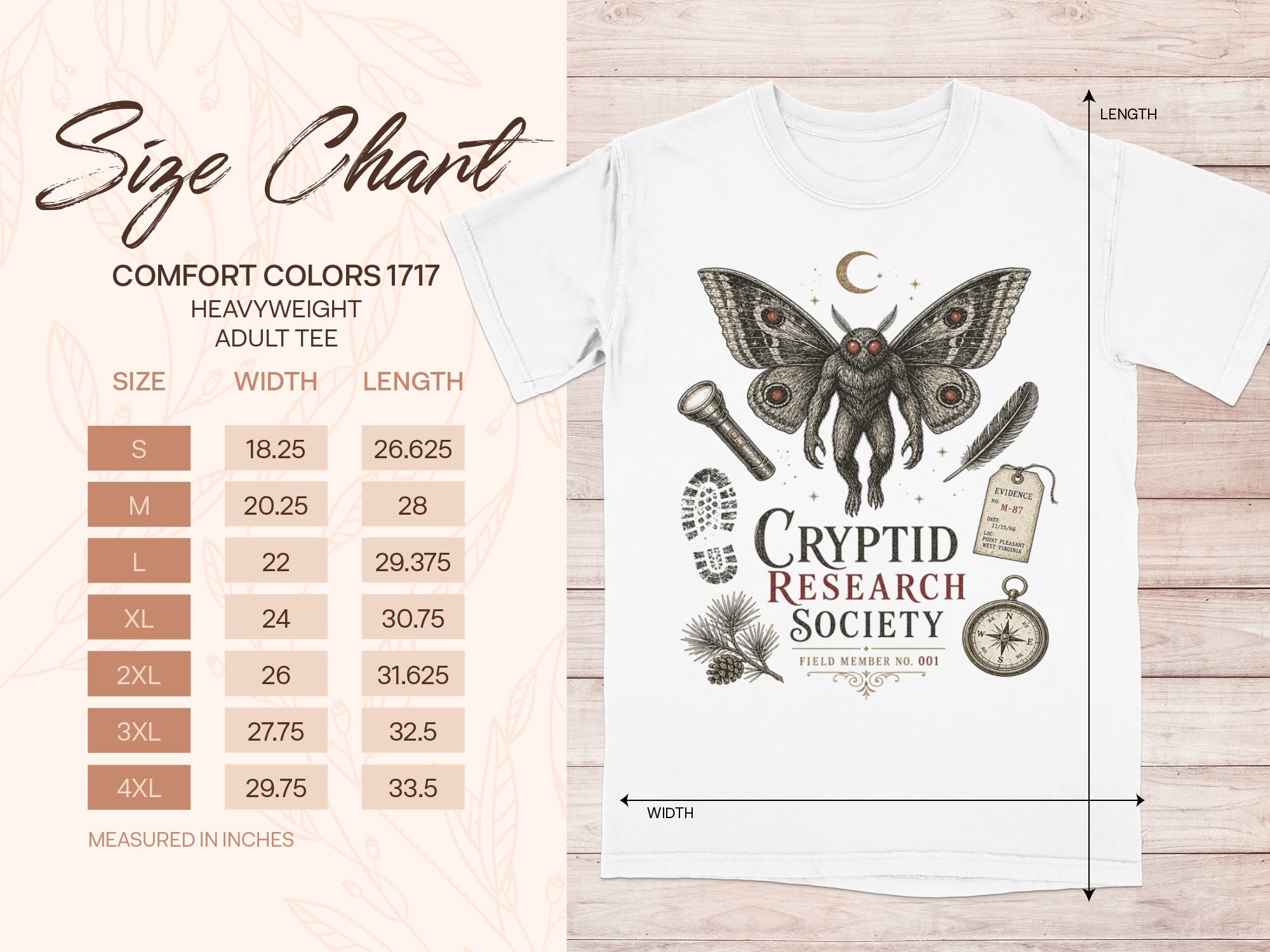 Size chart for heavyweight adult tee shows sizes S-4XL with width and length measurements in inches.
