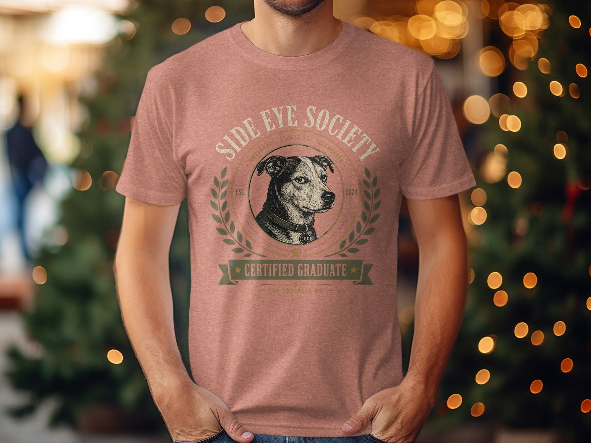 Pink t-shirt with "Side Eye Society Certified Graduate" text and a dog portrait.