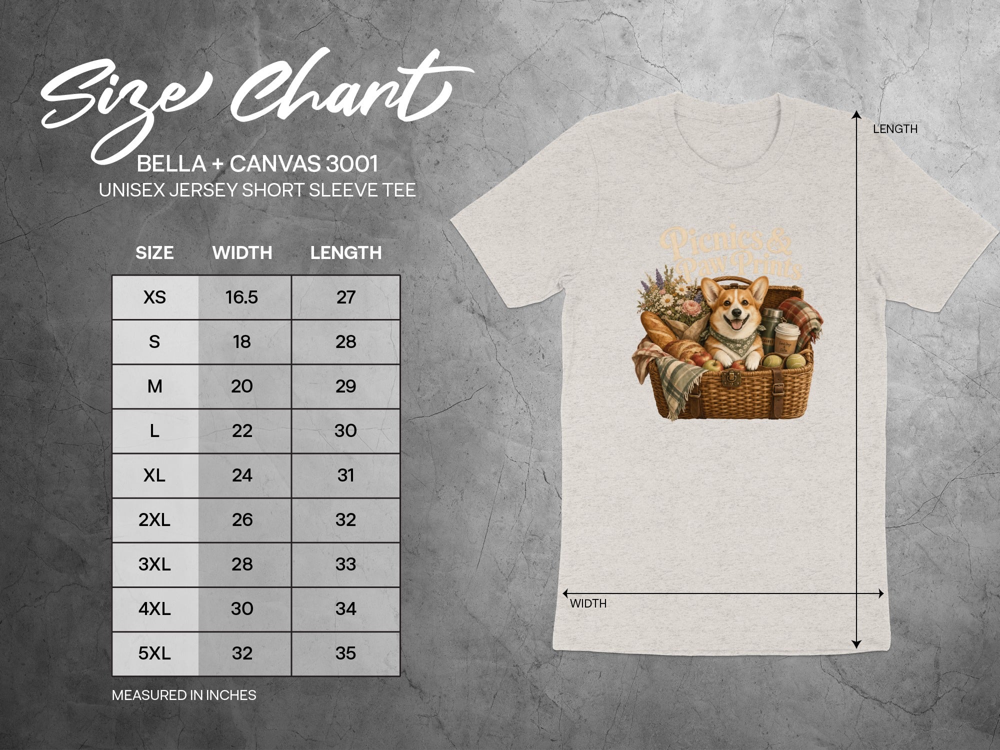 BELLA + CANVAS 3001 size chart for unisex jersey short sleeve tee.