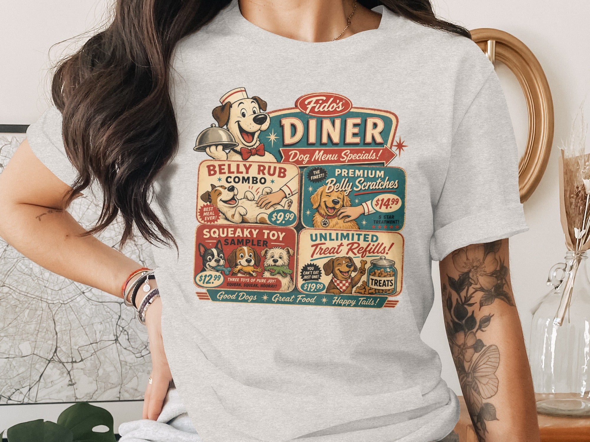 Fido's Diner dog menu specials with belly rub combo and unlimited treat refills.