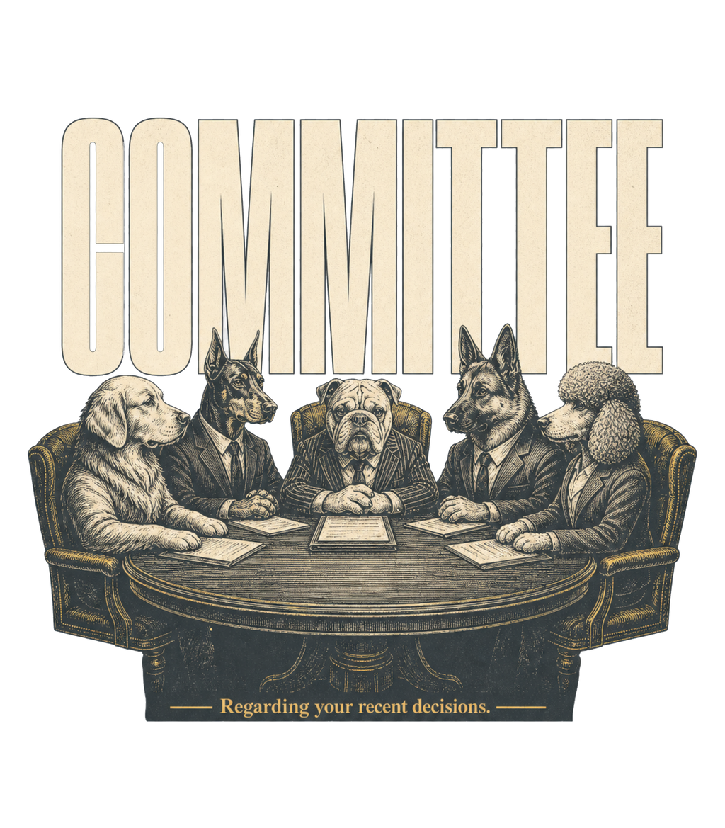 Five dogs in suits sit around a table discussing documents.