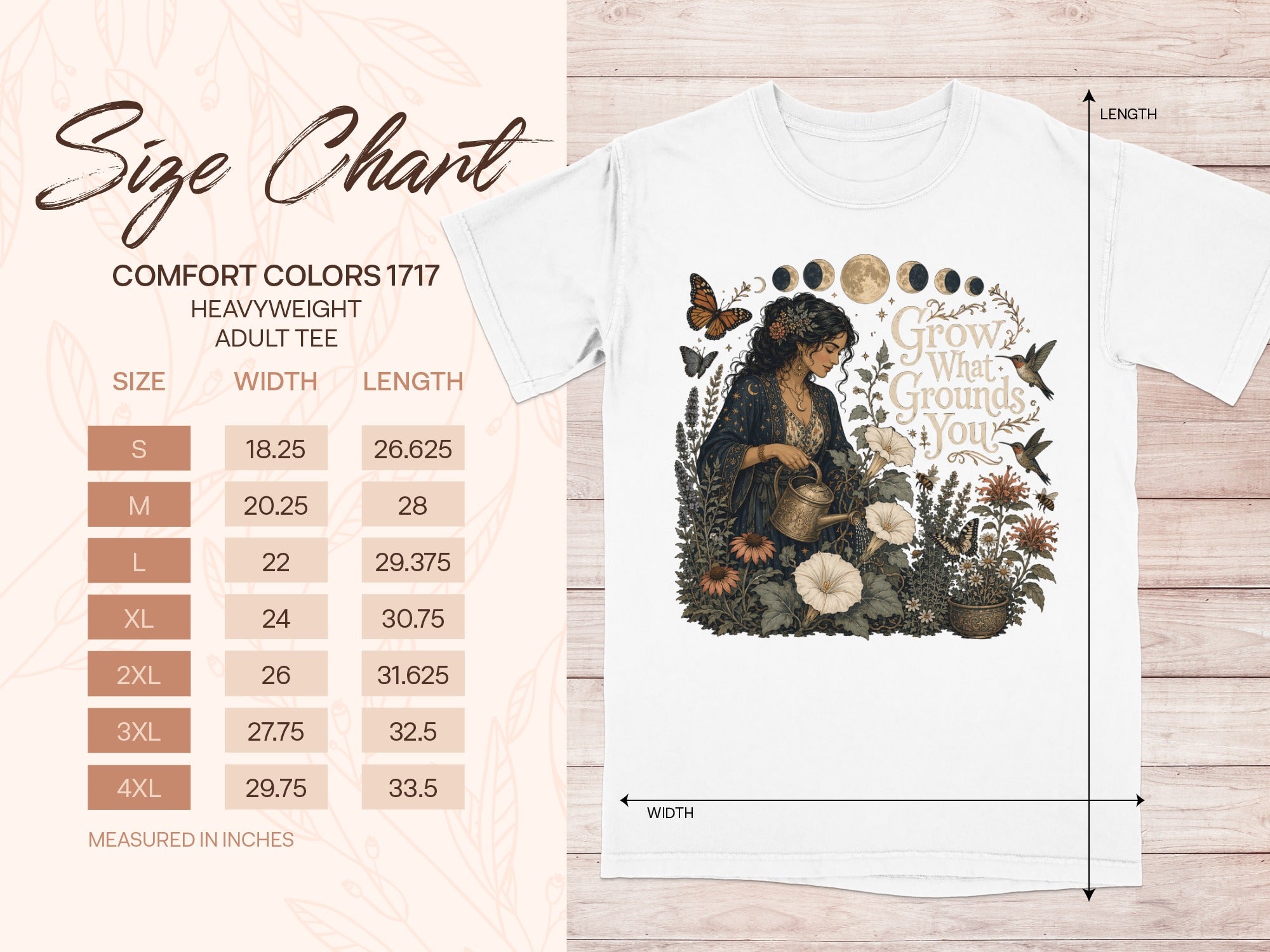 Size chart for heavyweight adult tee with illustration of woman watering plants.