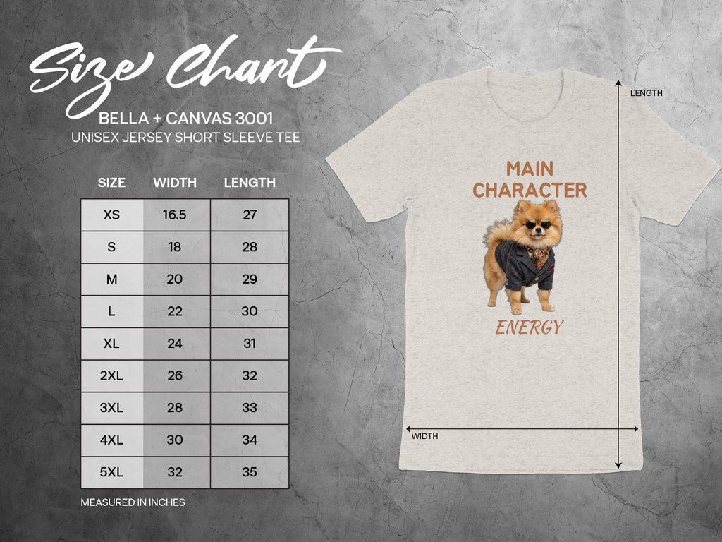 BELLA + CANVAS 3001 unisex jersey tee size chart with measurements in inches.