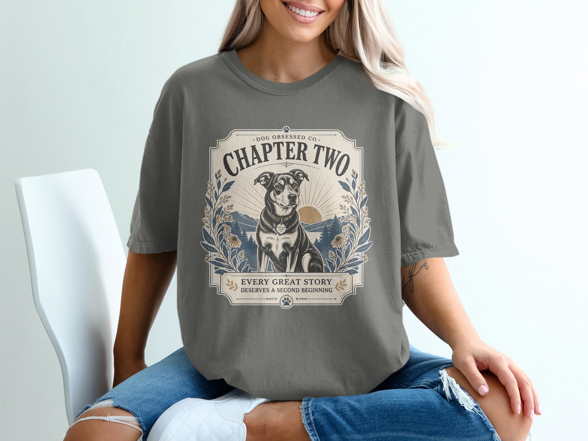 Dog, Chapter Two graphic with mountains, sunset, and quote.