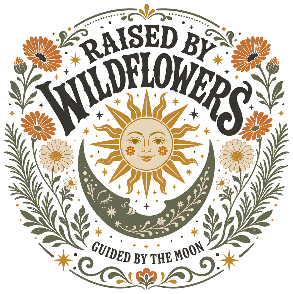 Raised by Wildflowers Guided by the Moon text with sun, moon, and floral border.