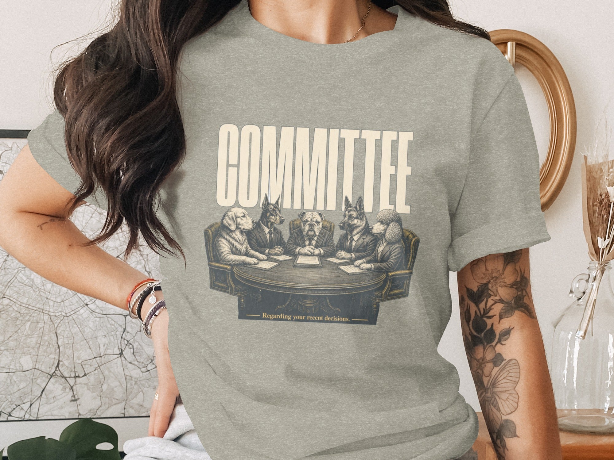 T-shirt with dogs in suits at a table labeled "COMMITTEE".