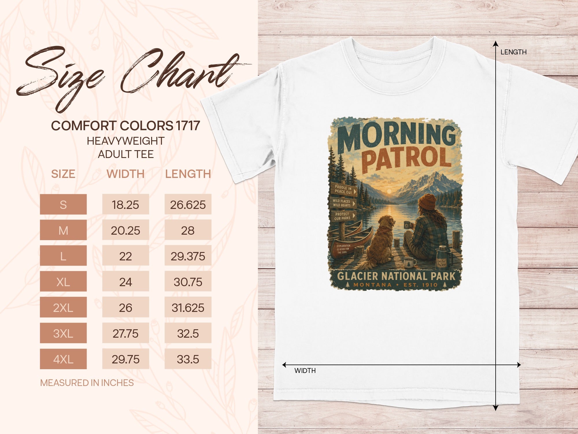 White t-shirt with Glacier National Park "Morning Patrol" graphic and size chart.