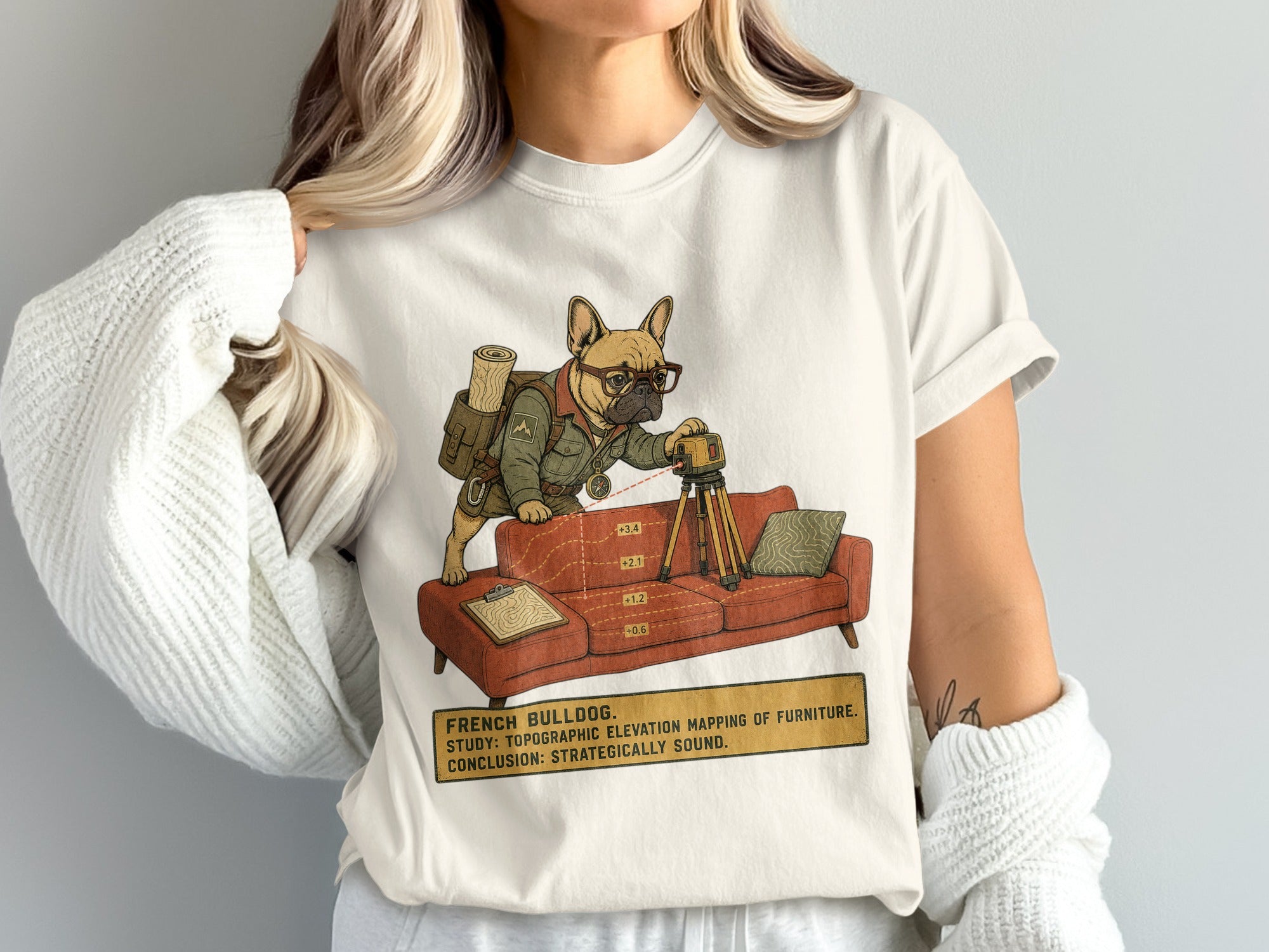 French Bulldog mapping furniture elevation, with text "French Bulldog. Study: Topographic Elevation Mapping of Furniture. Conclusion: Strategically Sound."