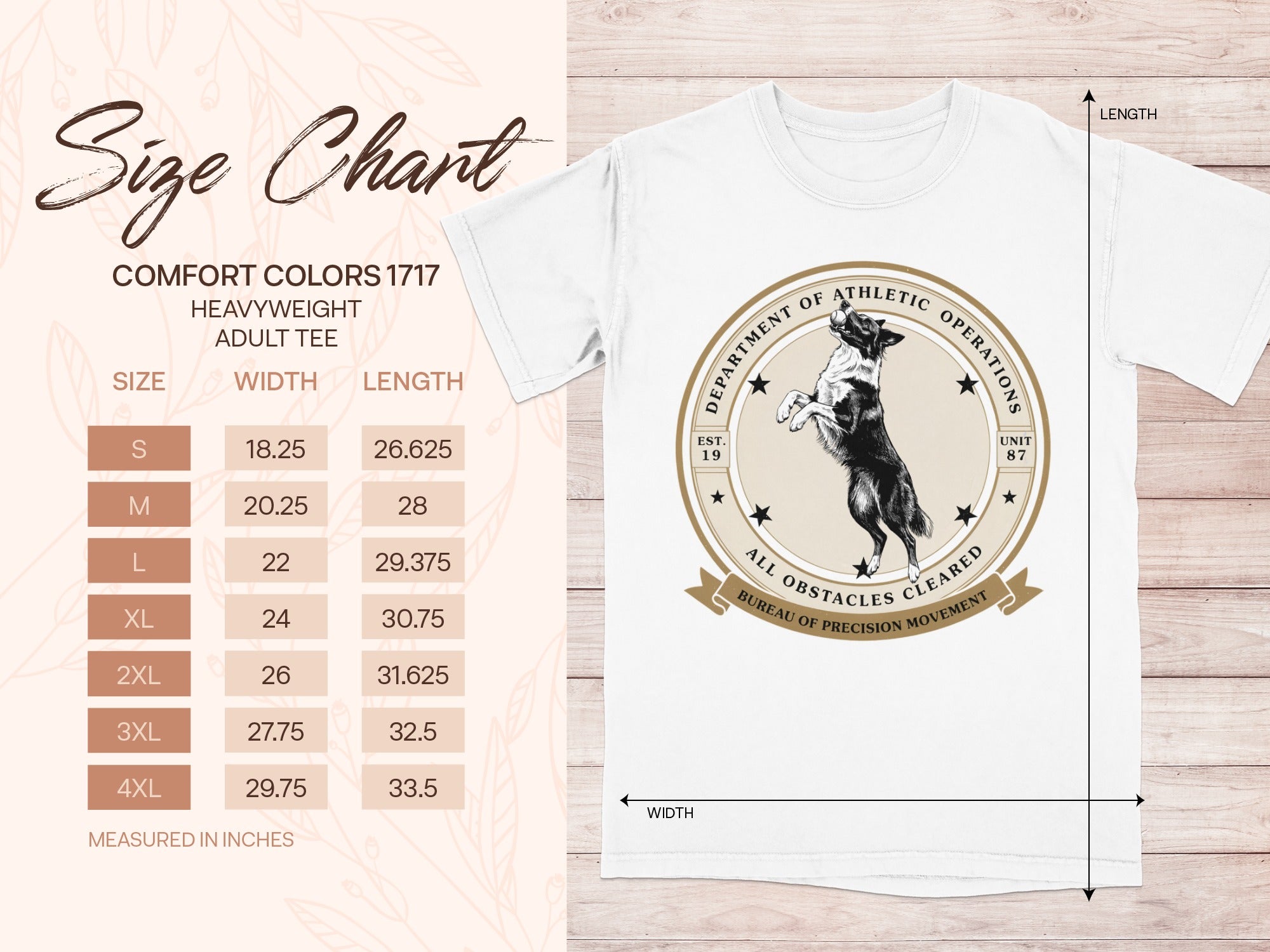 White t-shirt with dog logo, size chart, and measurements in inches.
