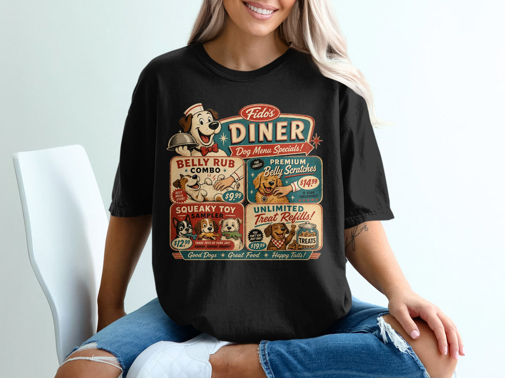 Black t-shirt with Fido's Diner dog menu specials graphic.