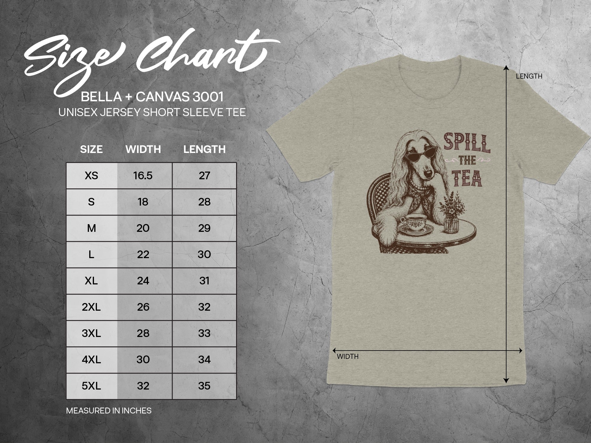BELLA + CANVAS 3001 unisex t-shirt size chart with width and length measurements in inches.