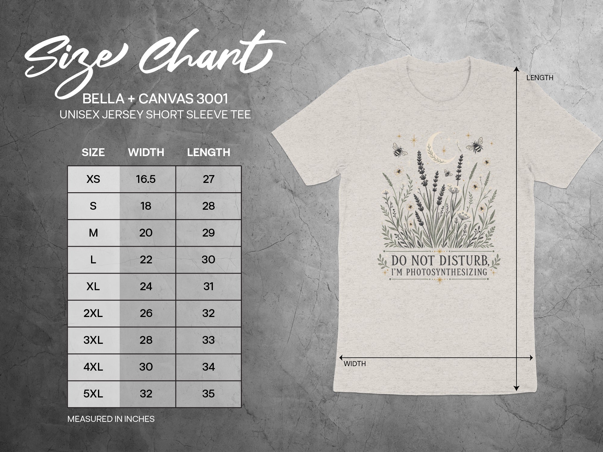 Bella + Canvas 3001 unisex tee size chart featuring width and length measurements in inches.