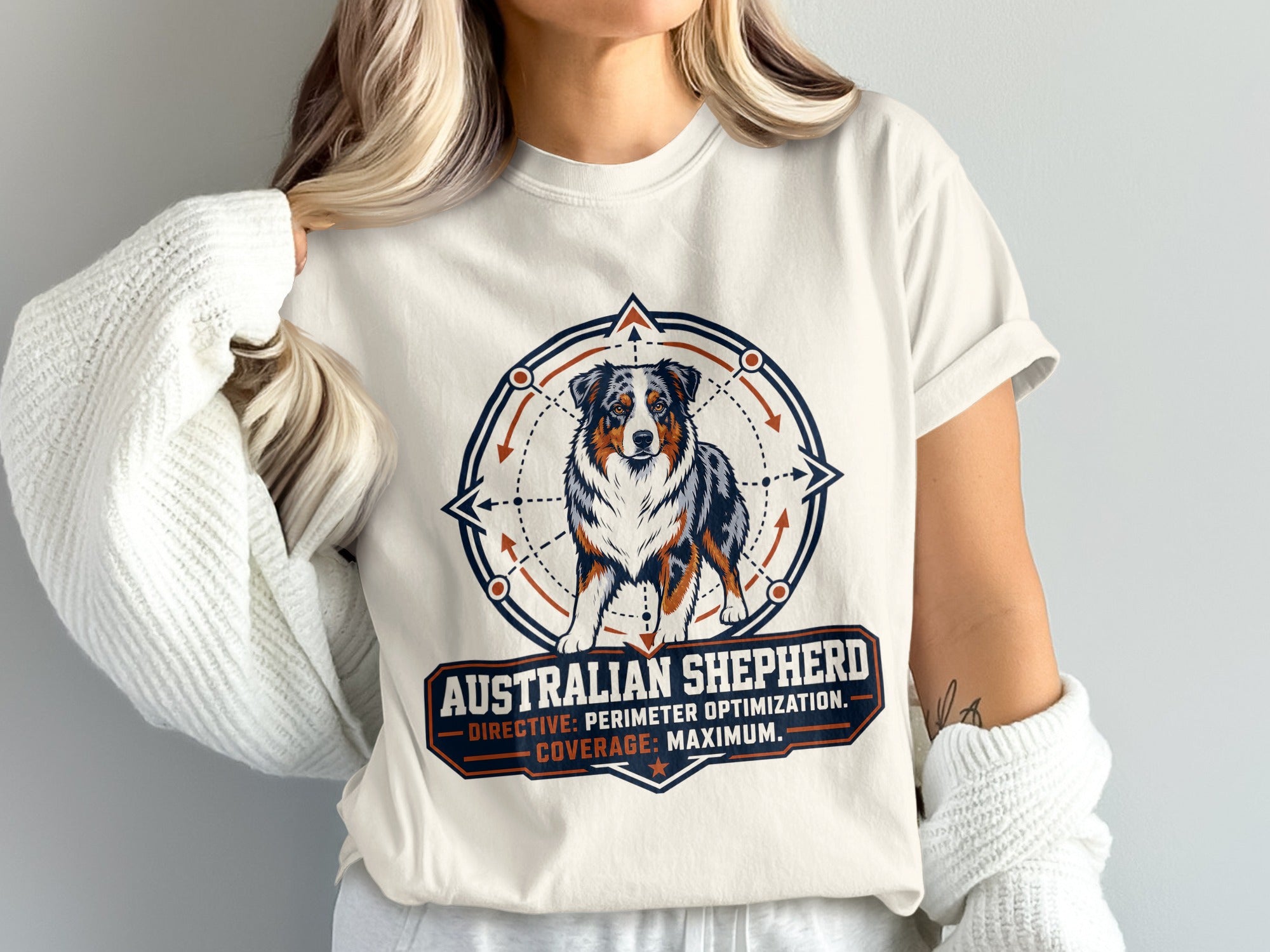 Australian Shepherd graphic with text "Directive: Perimeter Optimization. Coverage: Maximum."