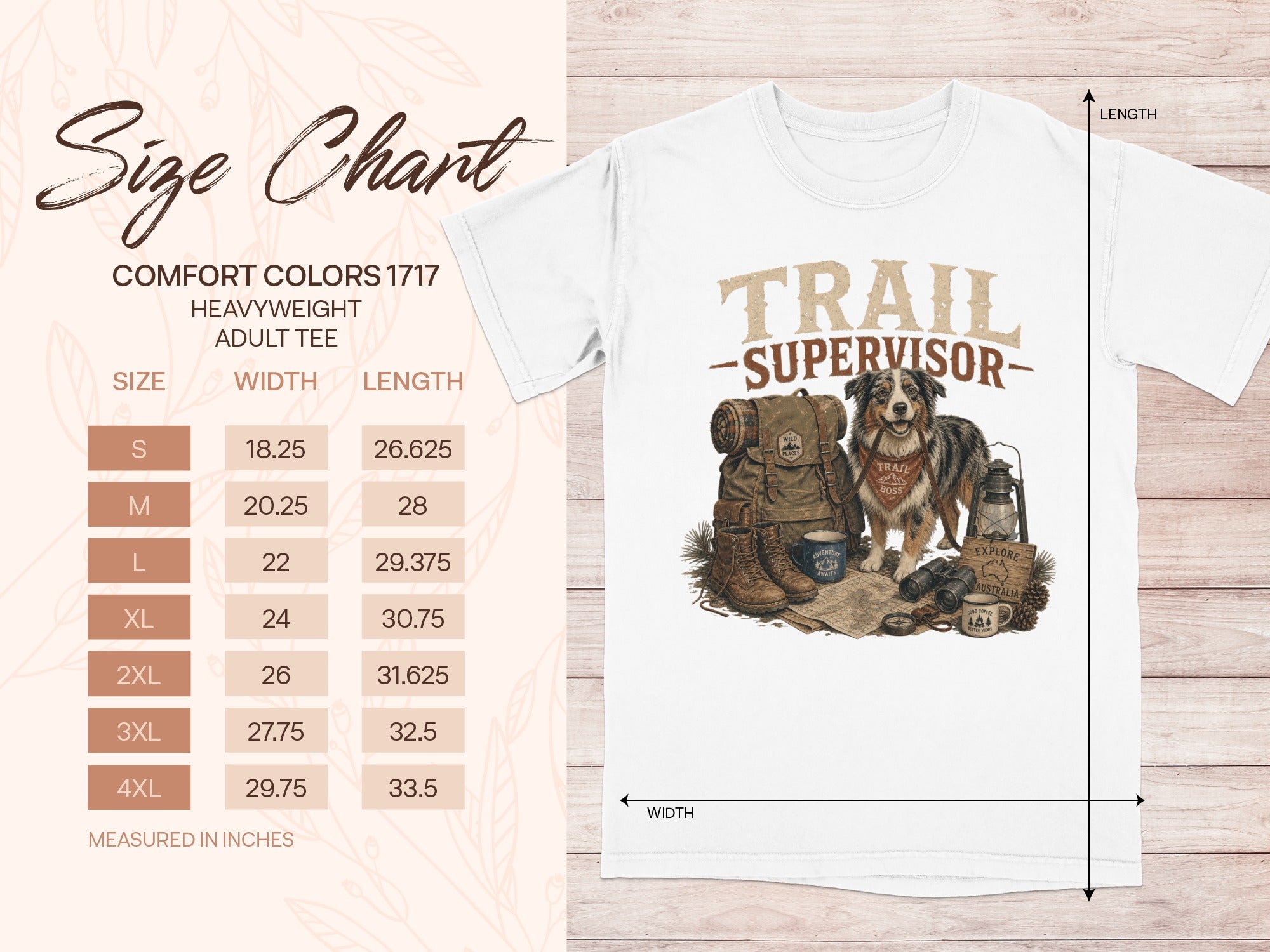 Comfort Colors 1717 size chart for heavyweights adult tee with trail supervisor graphic.