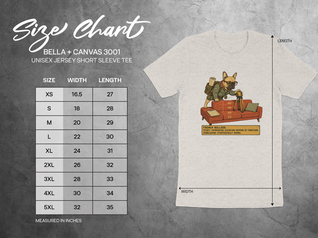 Size chart for Bella+Canvas 3001 tee with French Bulldog illustration.