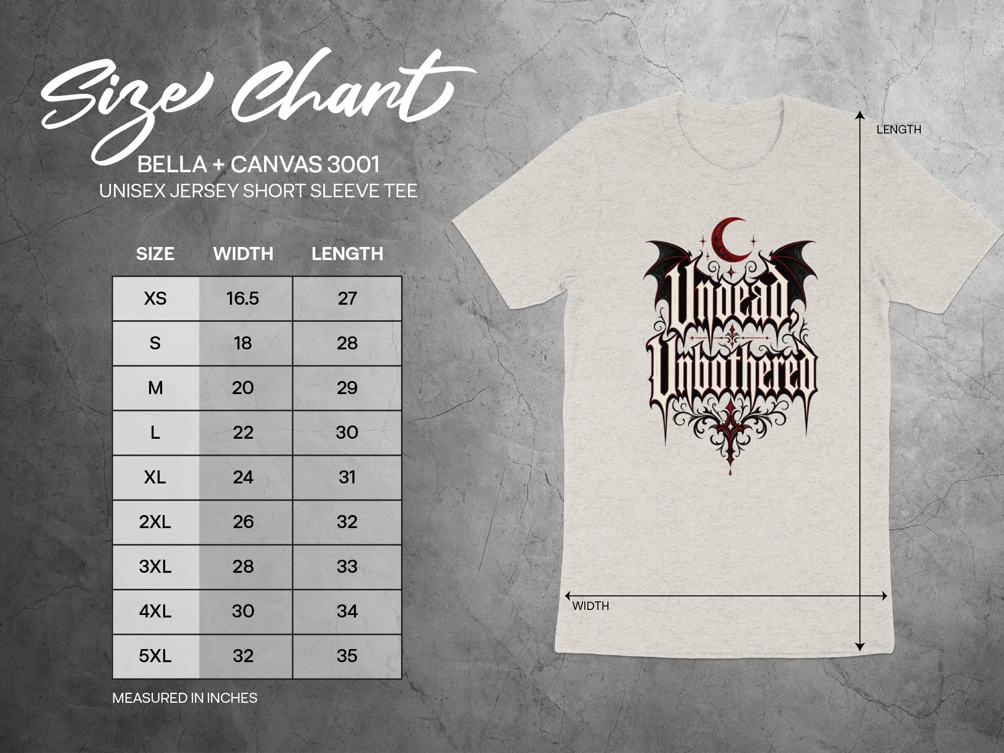 Bella + Canvas 3001 size chart for unisex jersey short sleeve tee with measurements.