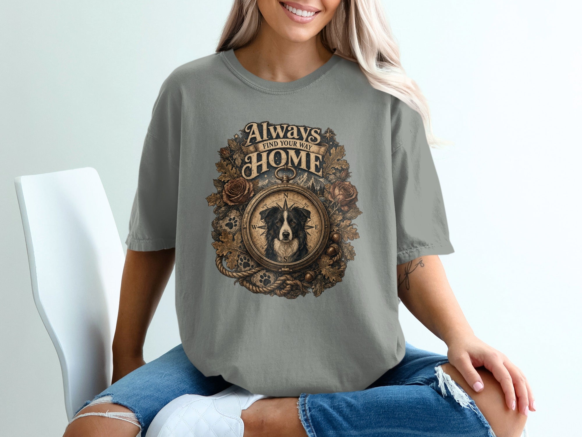 T-shirt with "Always Find Your Way Home" text and dog in a compass design.