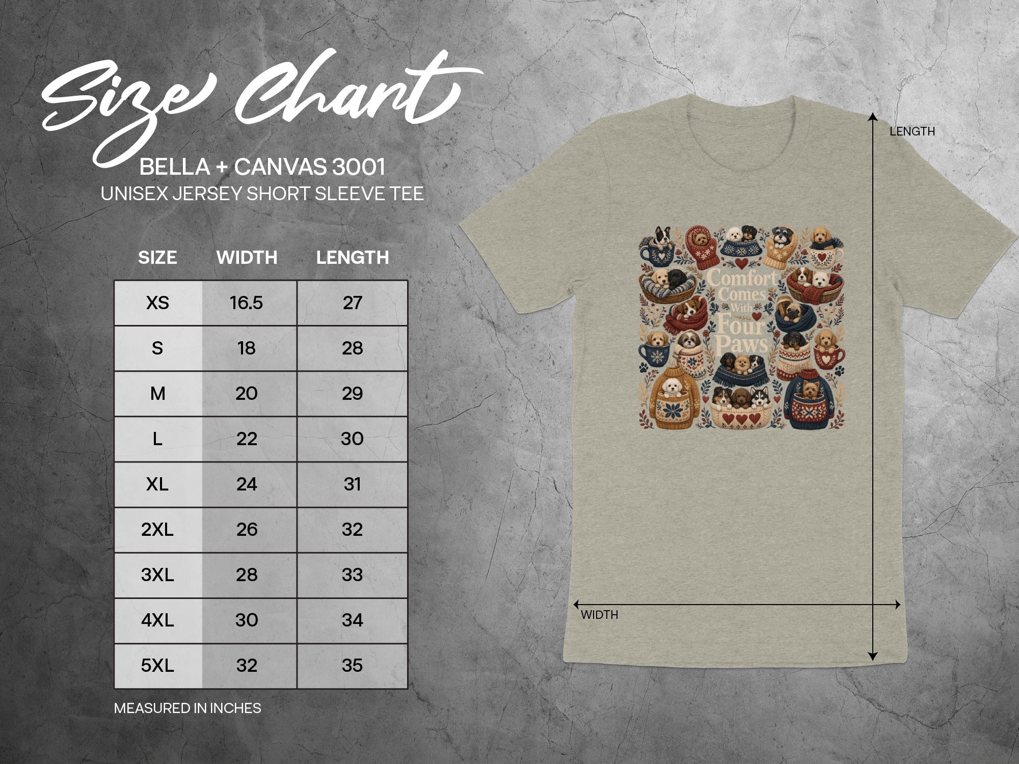 Size chart for Bella + Canvas 3001 tee with dog graphic.
