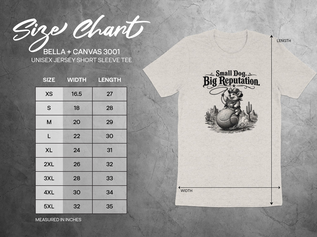 Size chart for Bella + Canvas 3001 unisex short sleeve tee with dog graphic.