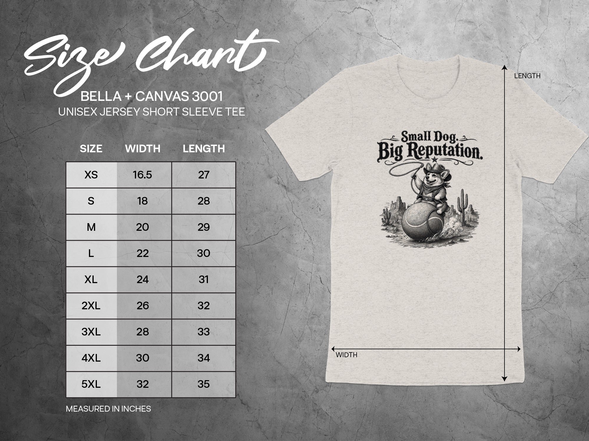 Size chart for Bella + Canvas 3001 unisex short sleeve tee with dog graphic.