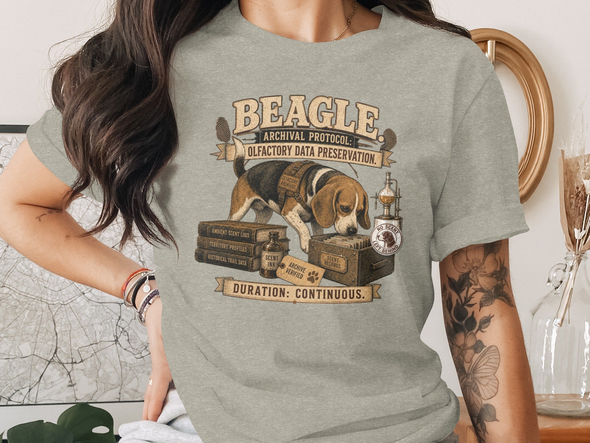 Beagle archival protocol olfactory data preservation graphic with dog, books, and lab equipment.