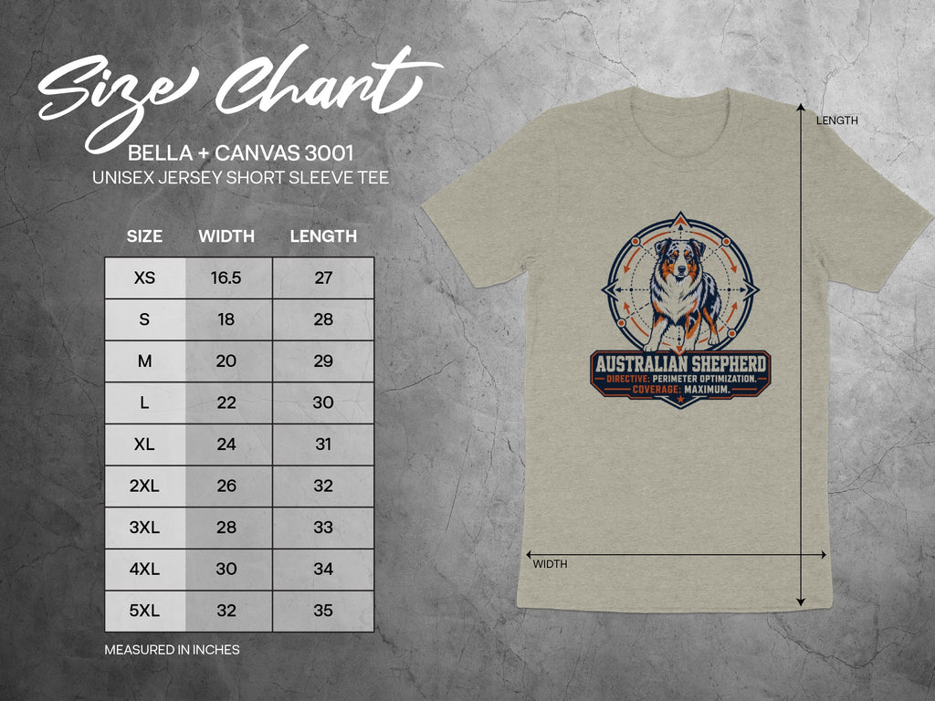 Size chart for BELLA + CANVAS 3001 unisex tee showing sizes XS-5XL with width and length measurements.