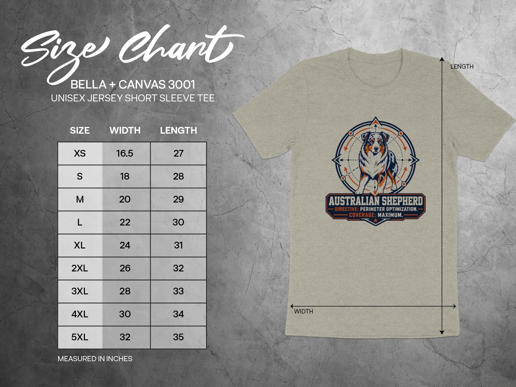 Size chart for BELLA + CANVAS 3001 unisex tee showing sizes XS-5XL with width and length measurements.