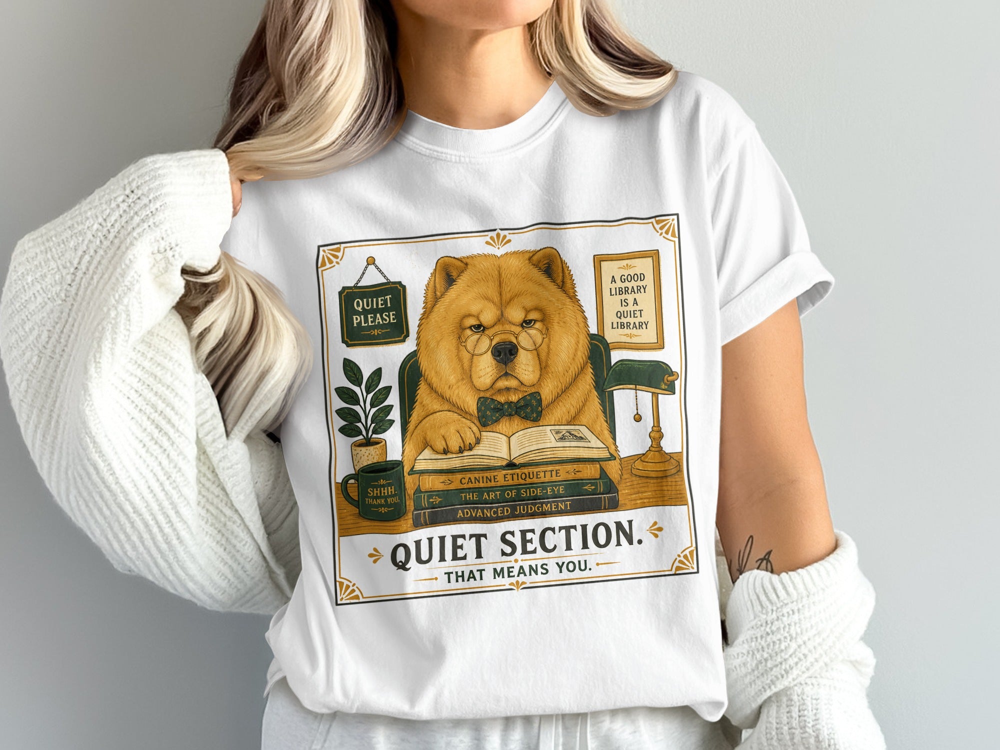 Fluffy dog wearing glasses reads books in a quiet library, with text about quiet sections.