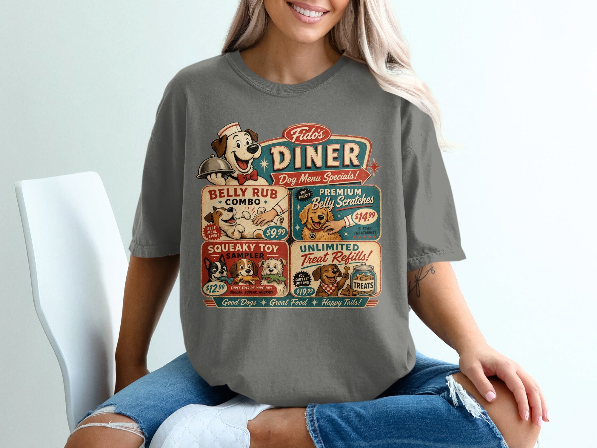 Fido's Diner graphic with dog menu specials like Belly Rub Combo and Squeaky Toy Sampler.