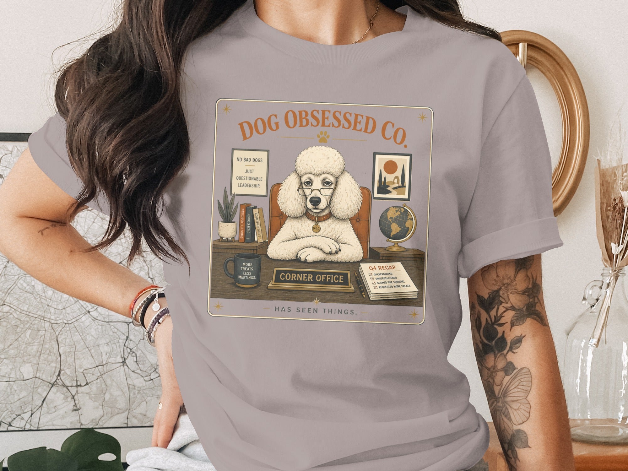 Dog Obsessed Co. Corner Office poodle with glasses, recap, and text.