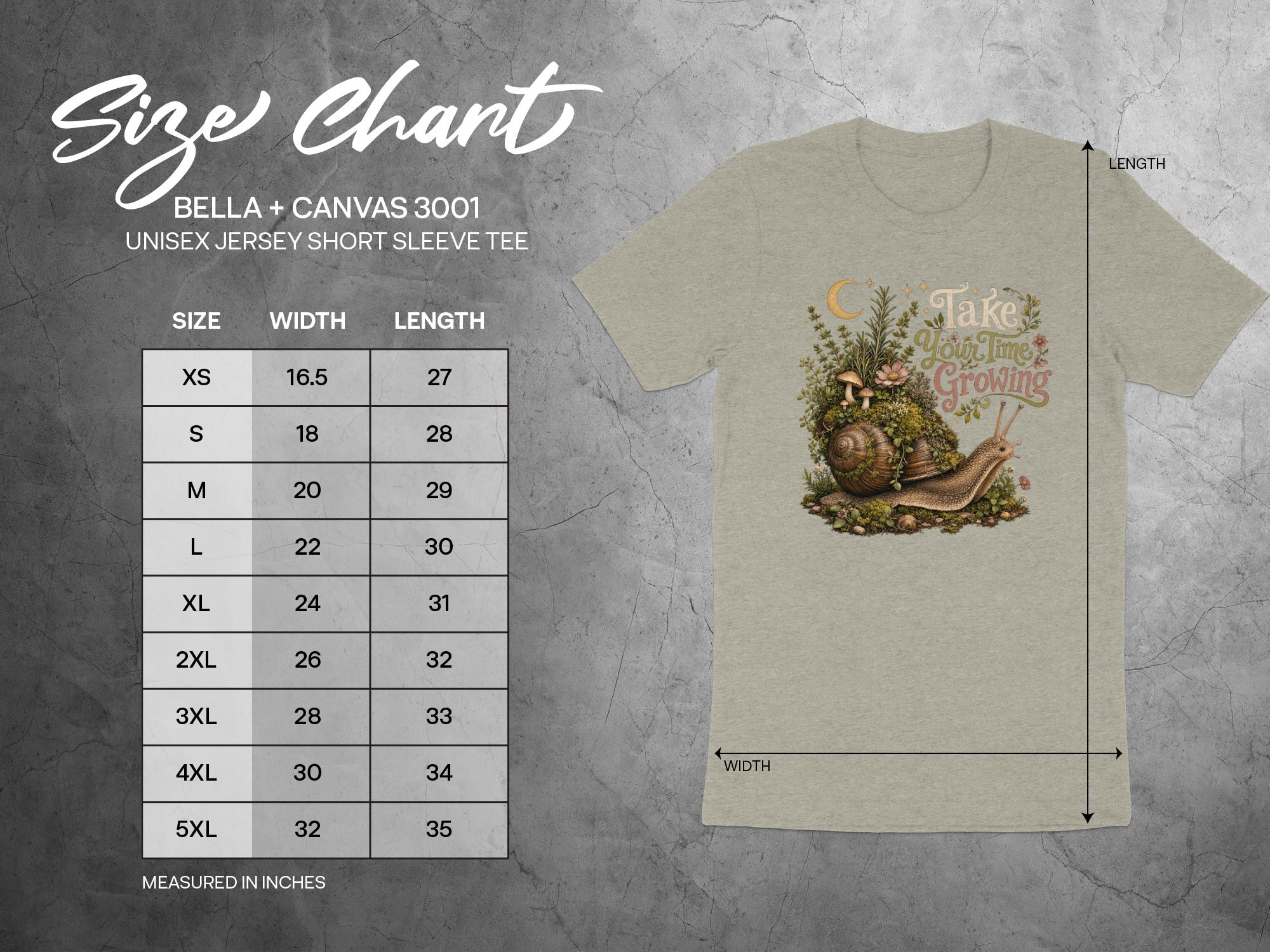 Size chart for Bella + Canvas 3001 unisex jersey tee with graphic of snail.