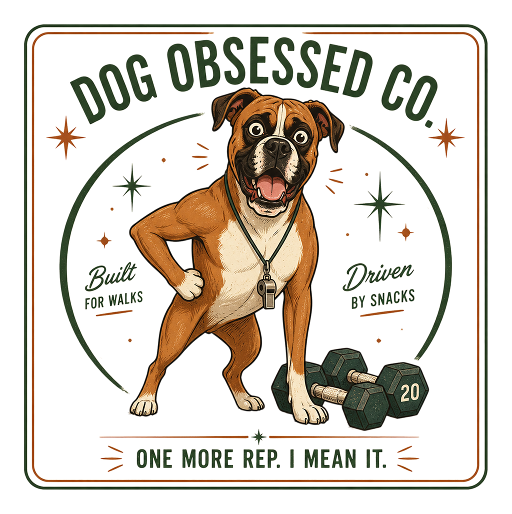 Dog obsessed co. logo with a boxer dog, dumbbells, and text.