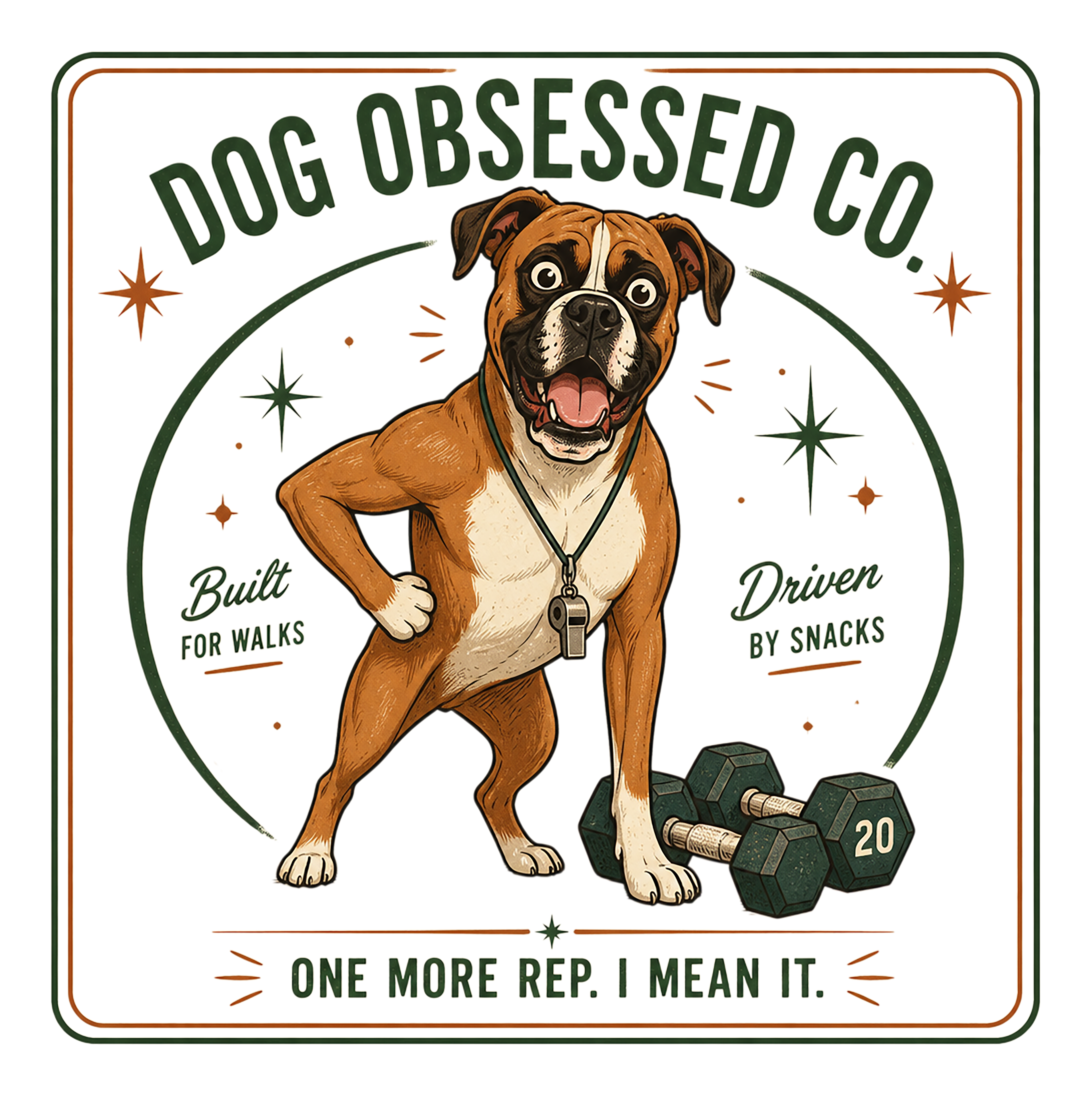 Dog obsessed co. logo with a boxer dog, dumbbells, and text.