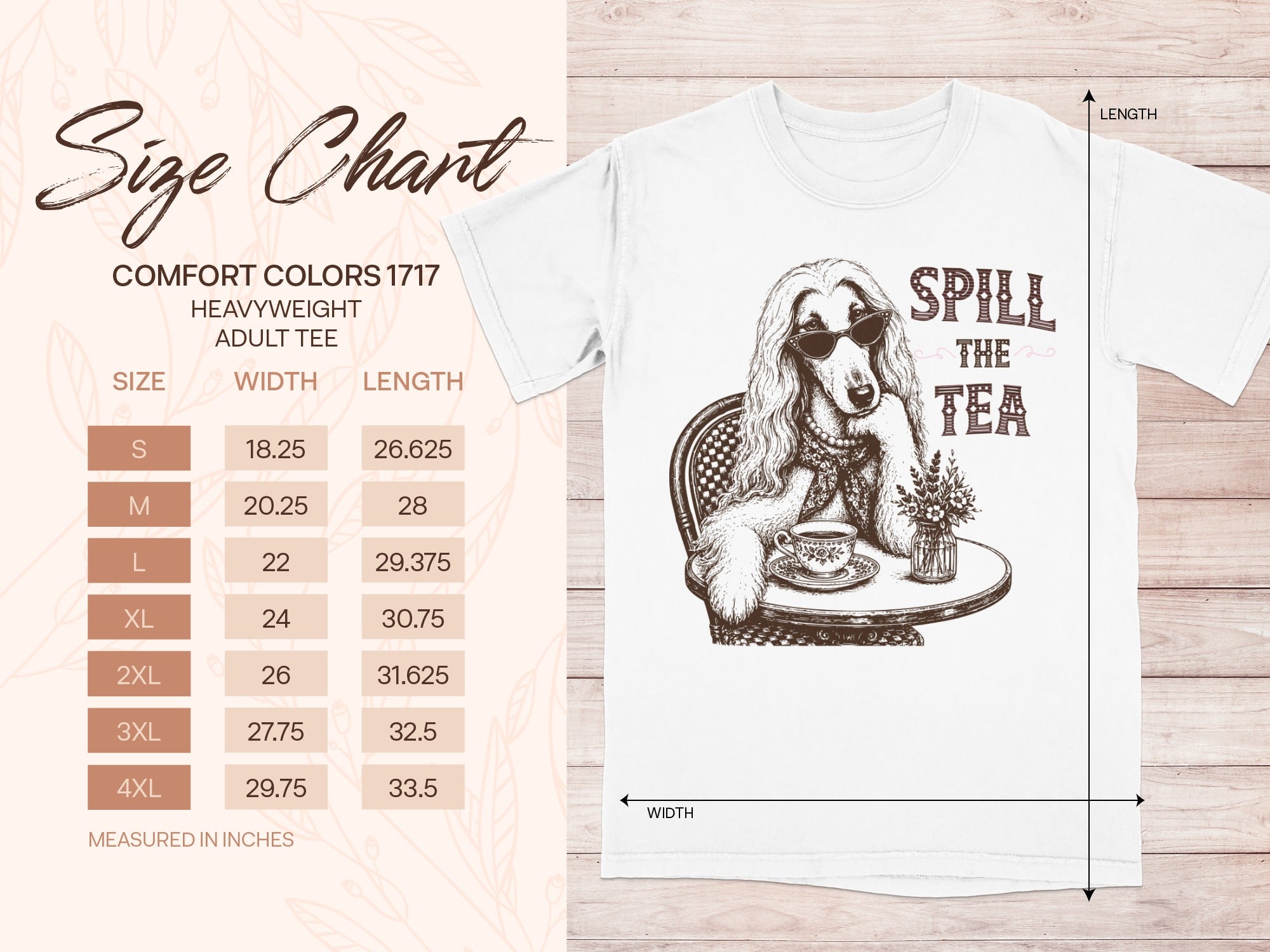 Comfort Colors 1717 adult tee size chart with Afghan Hound graphic.