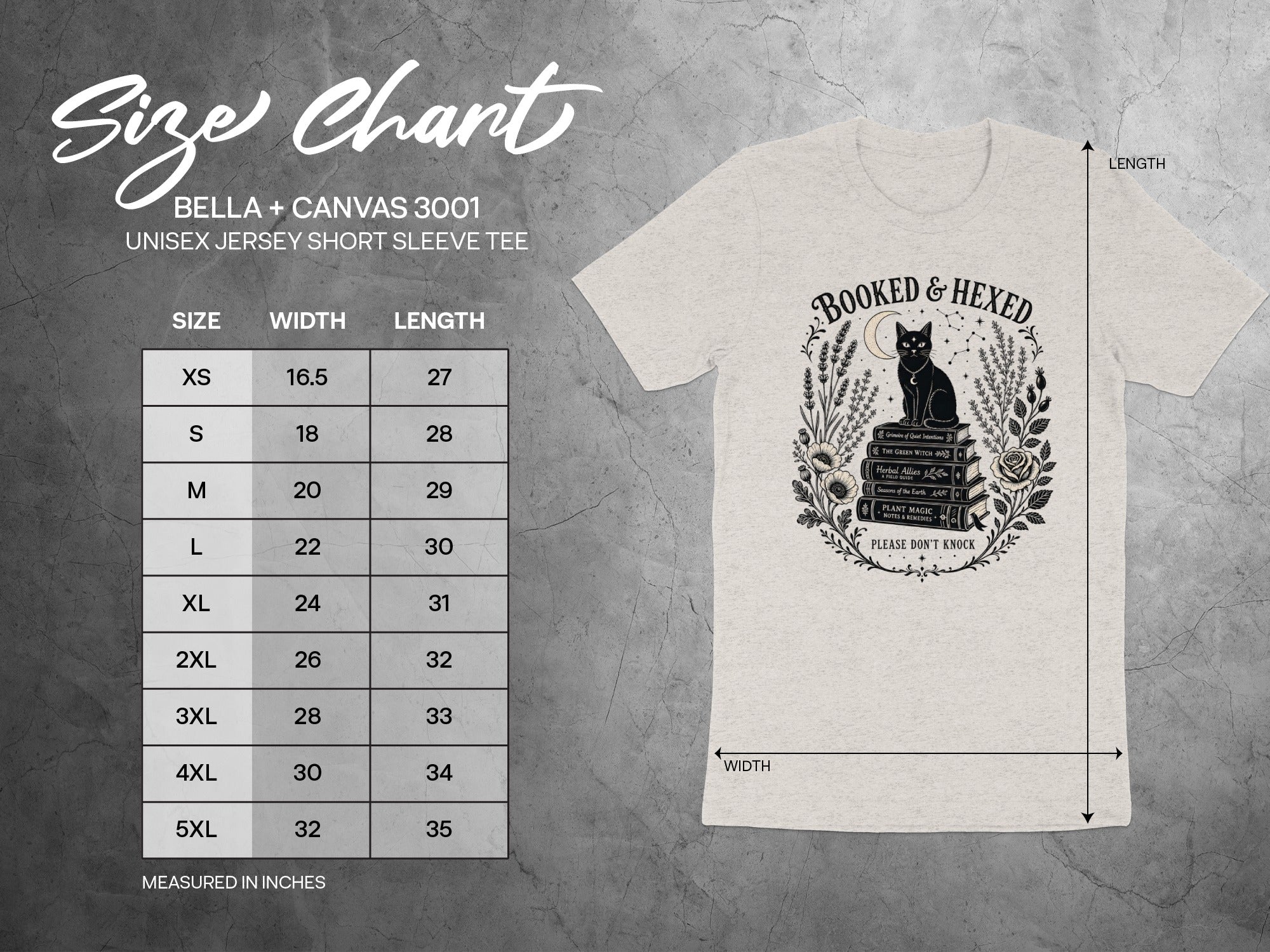BELLA + CANVAS 3001 unisex tee size chart with "Booked & Hexed" graphic.
