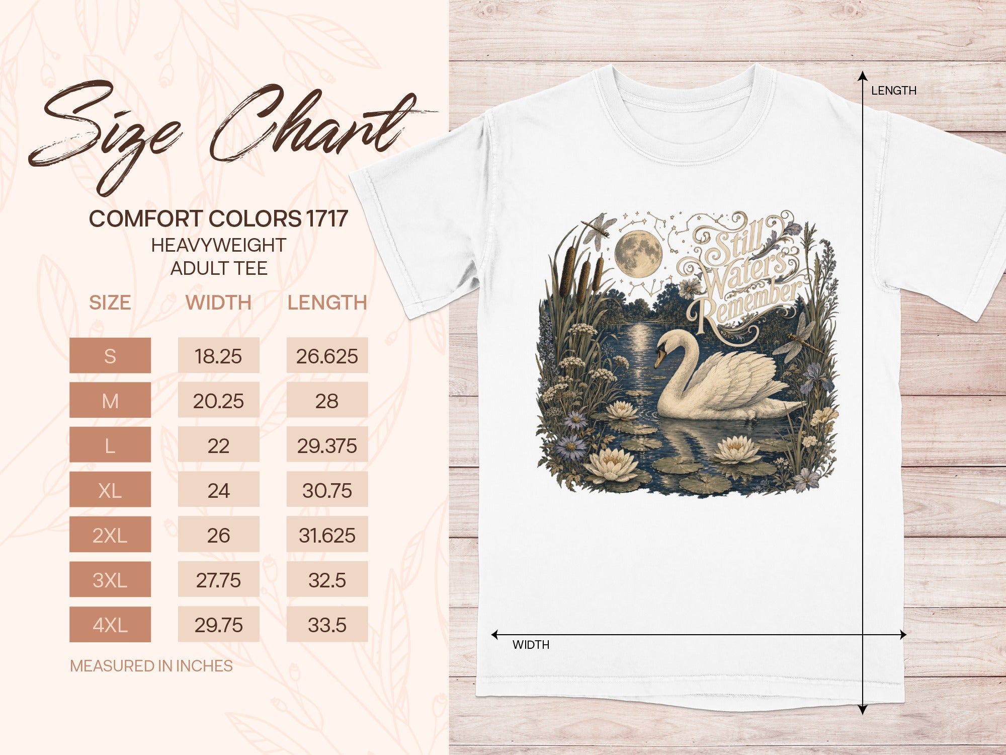 White adult tee featuring a swan on water with "Still Waters Remember" text.