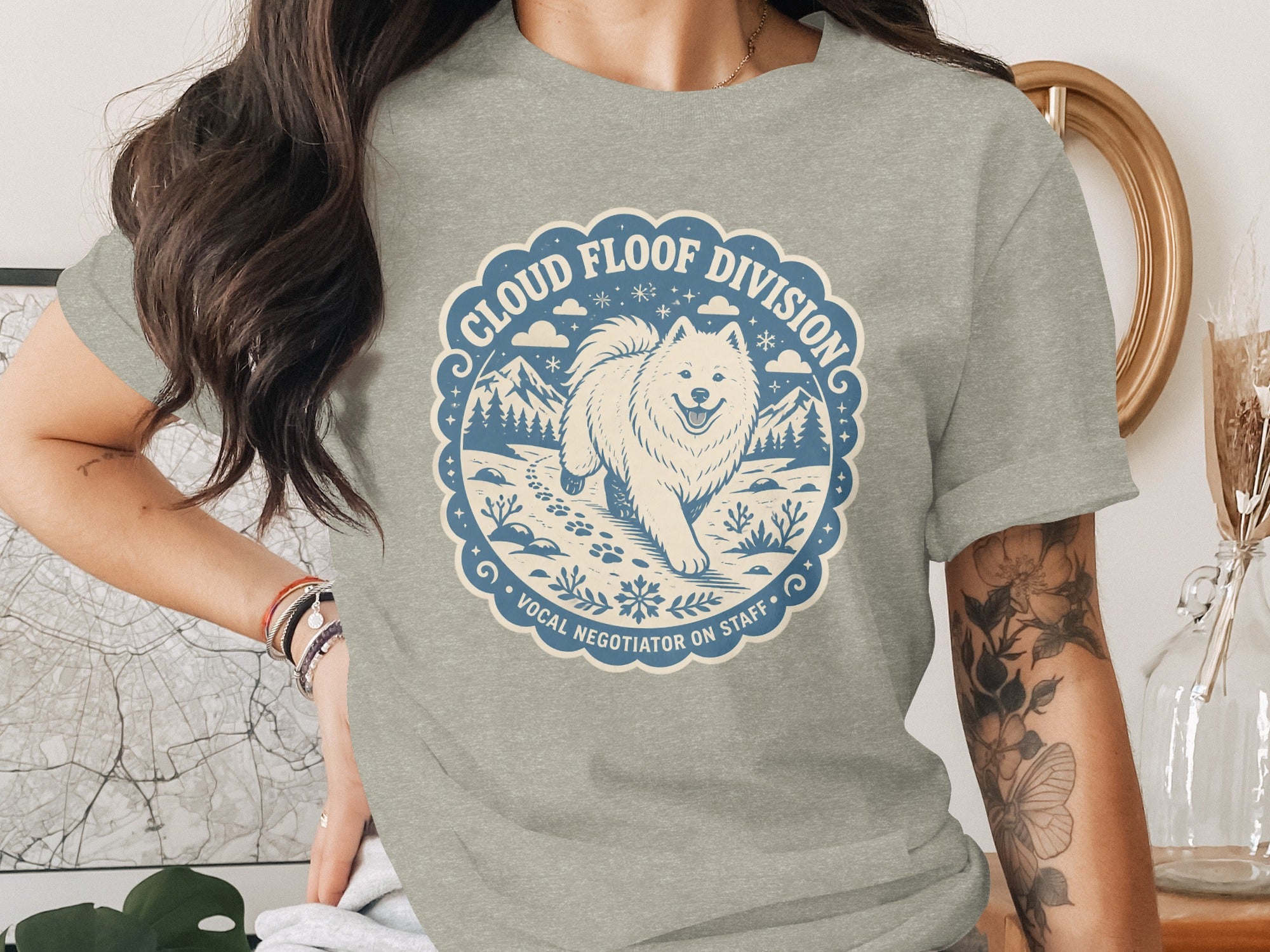Cloud Floof Division graphic on gray t-shirt with Samoyed dog and text.
