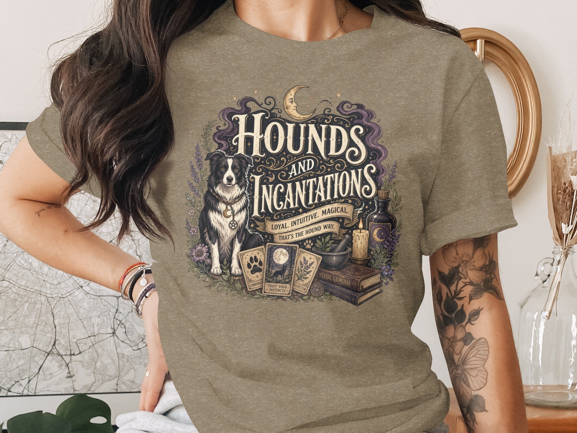 A dog with "Hounds and Incantations" text, tarot cards, and magical items.