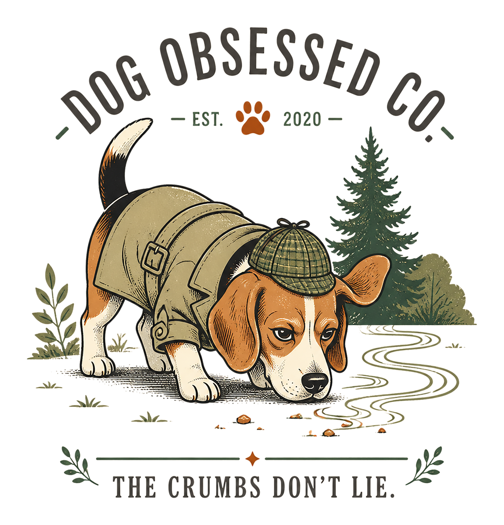 Beagle dog in detective outfit sniffing ground, "DOG OBSESSED CO." text.