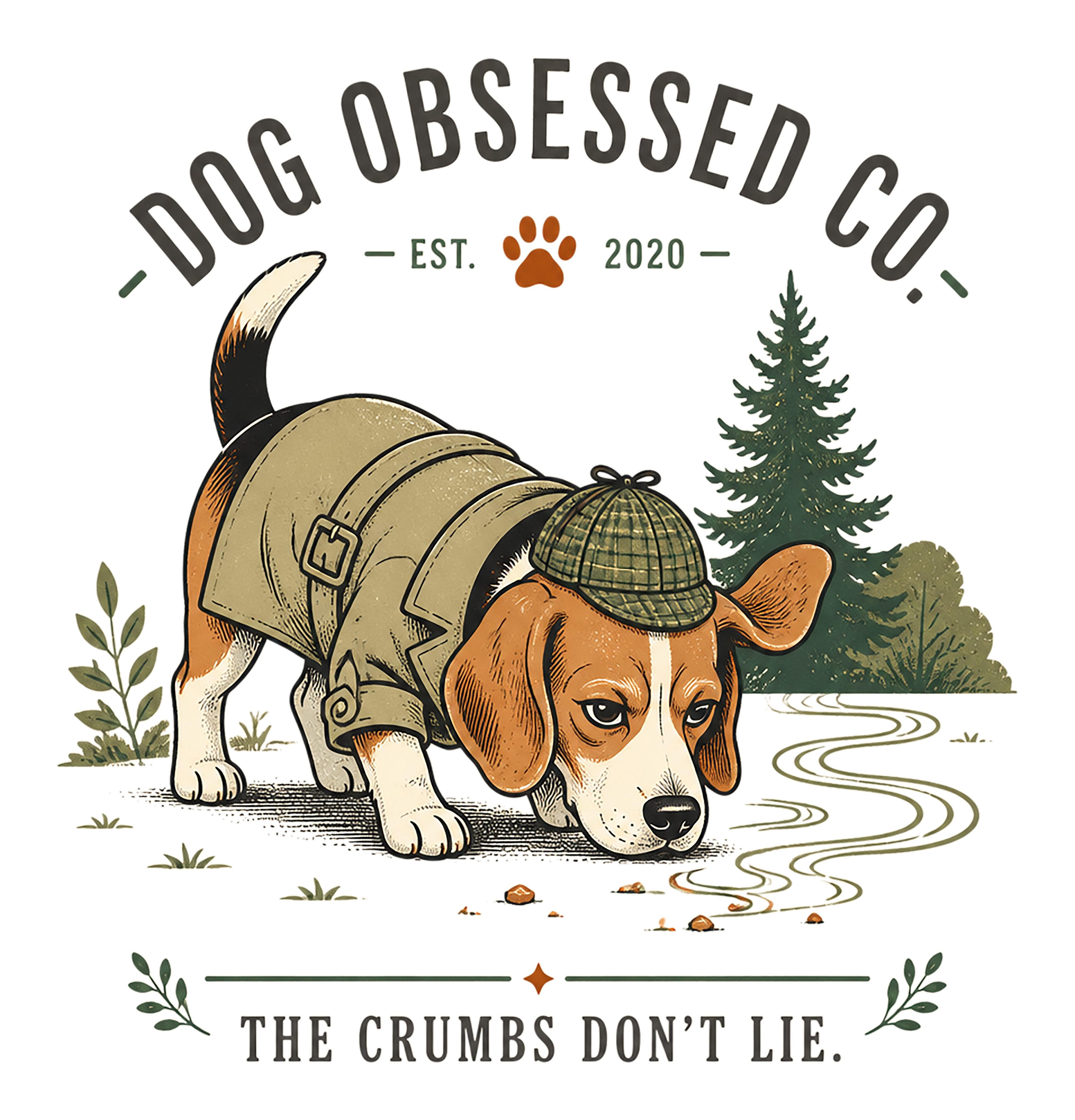 Beagle dog in detective outfit sniffing ground, "DOG OBSESSED CO." text.