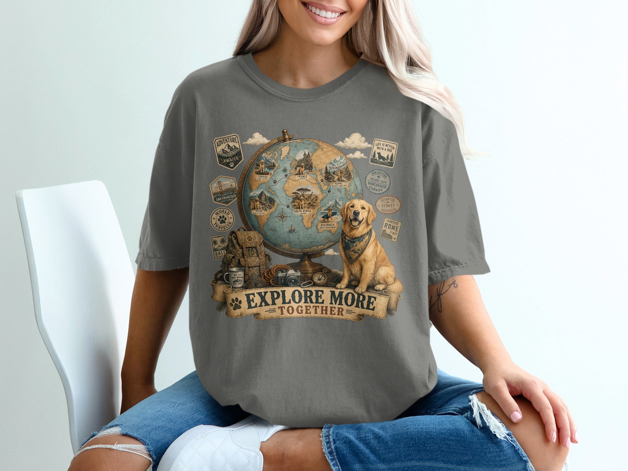 "Explore More Together" graphic with globe, dog, backpack, camera, and travel stamps.